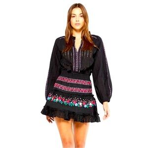 Misa Los Angeles Manuela embroidered mini dress large long sleeve red black